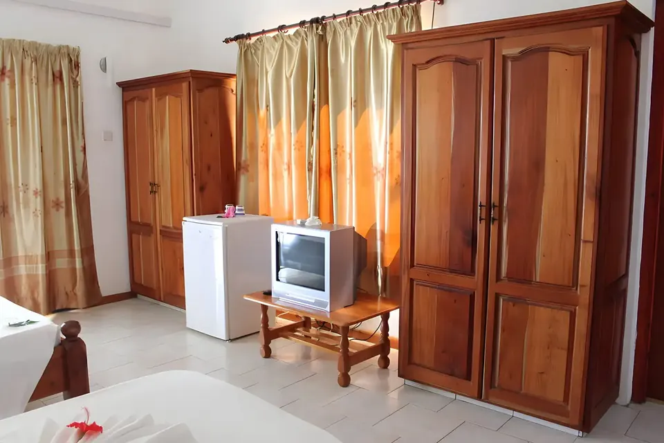 Standard room with a timber wardrobe, small refrigerator and television